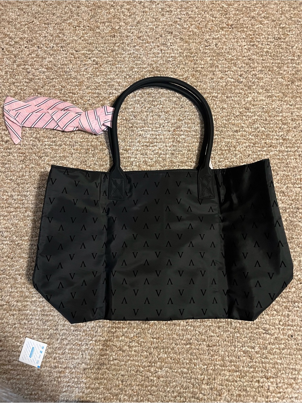 Victoria's Secret Black Logo-Pattern Tote with Pink Scarf Accent